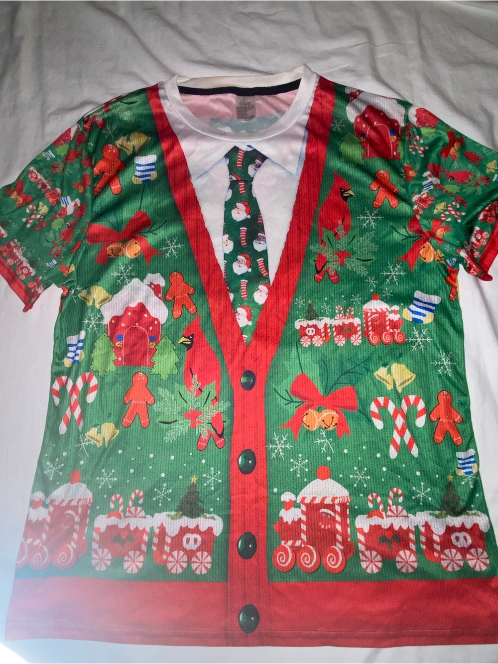 Festive Green Short Sleeve Holiday Tee with Novelty Cardigan Print